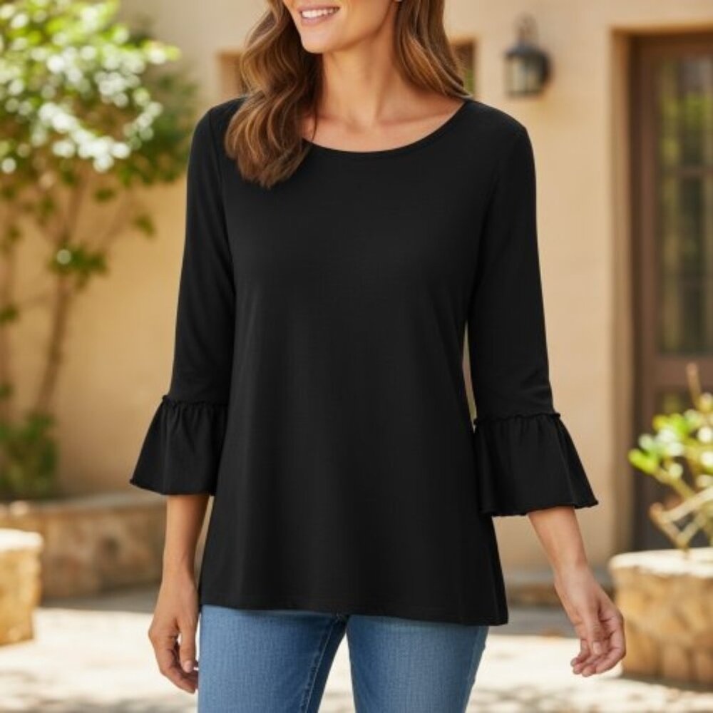 APT 9 Black Flounce Sleeve Pullover Top Ladies LARGE